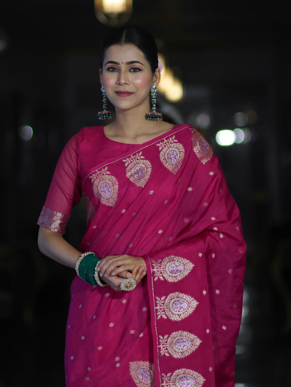 Banarasee Handloom Semi Silk Saree With Sona Rupa Zari Buti Design & Border-Deep Pink