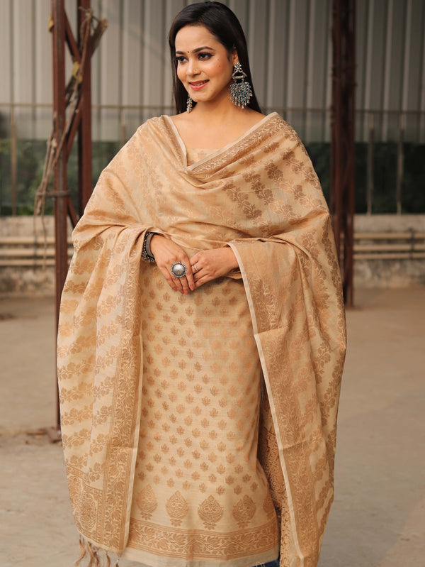 Banarasee Soft Cotton Ghichha Work Salwar Kameez Fabric With Dupatta-Beige