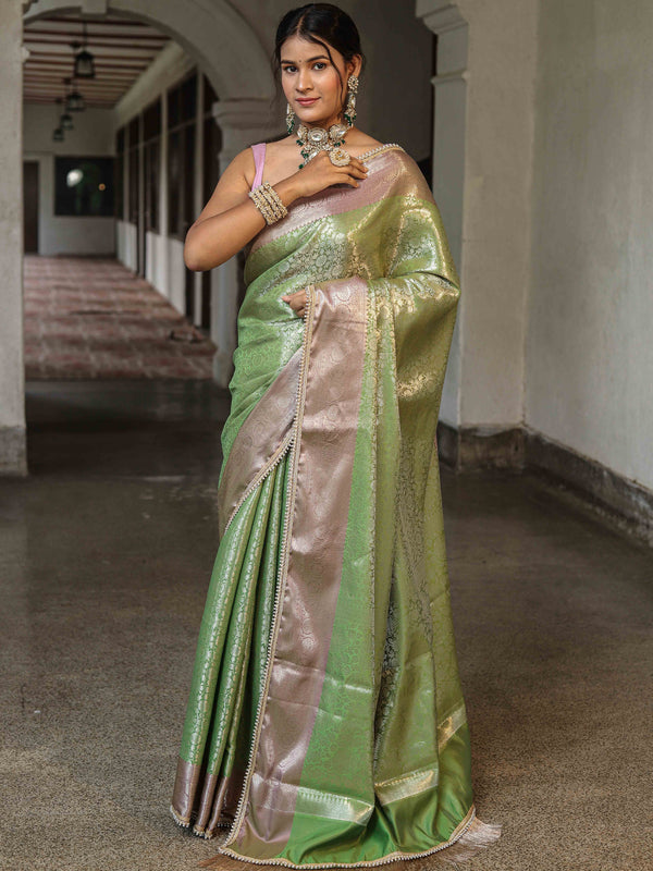 Banarasee Handwoven Tissue Saree With Zari Jaal Design & Lace-Green & Lavender