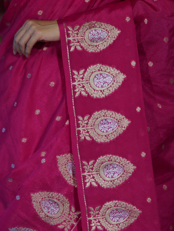 Banarasee Handloom Semi Silk Saree With Sona Rupa Zari Buti Design & Border-Deep Pink