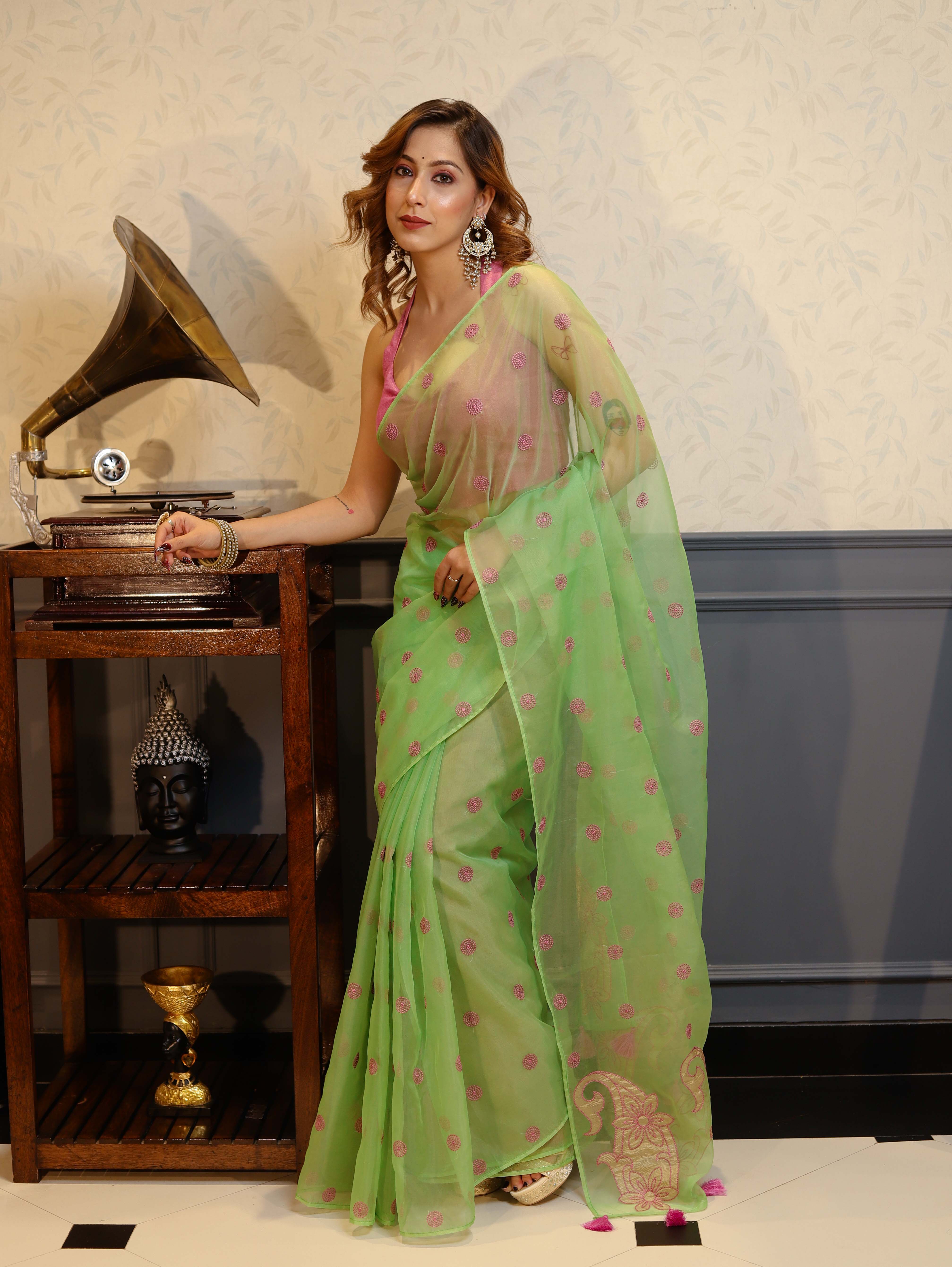 Banarasee Organza Mix Saree With Embroidered Buta & Applique Work Pallu-Pastel Green