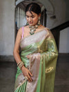 Banarasee Handwoven Tissue Saree With Zari Jaal Design & Lace-Green & Lavender