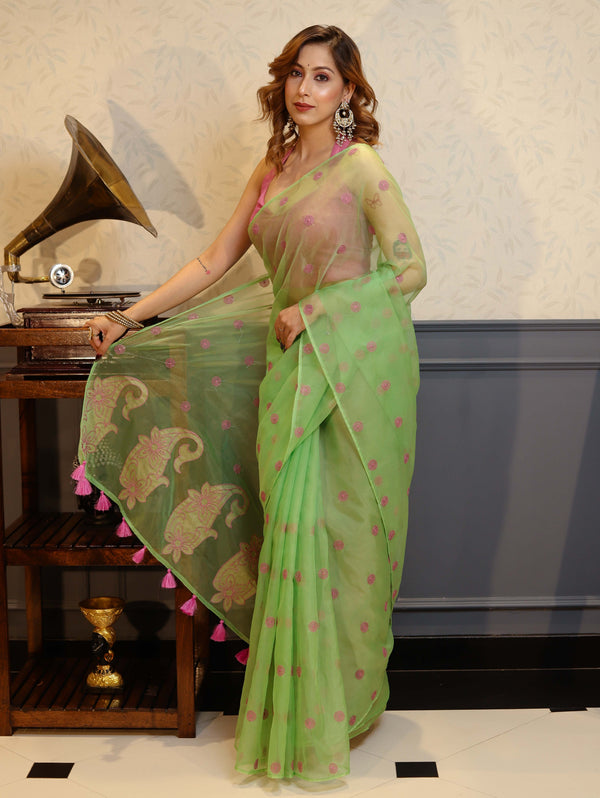 Banarasee Organza Mix Saree With Hand Embroidered Buta Work & Pallu-Pastel Green