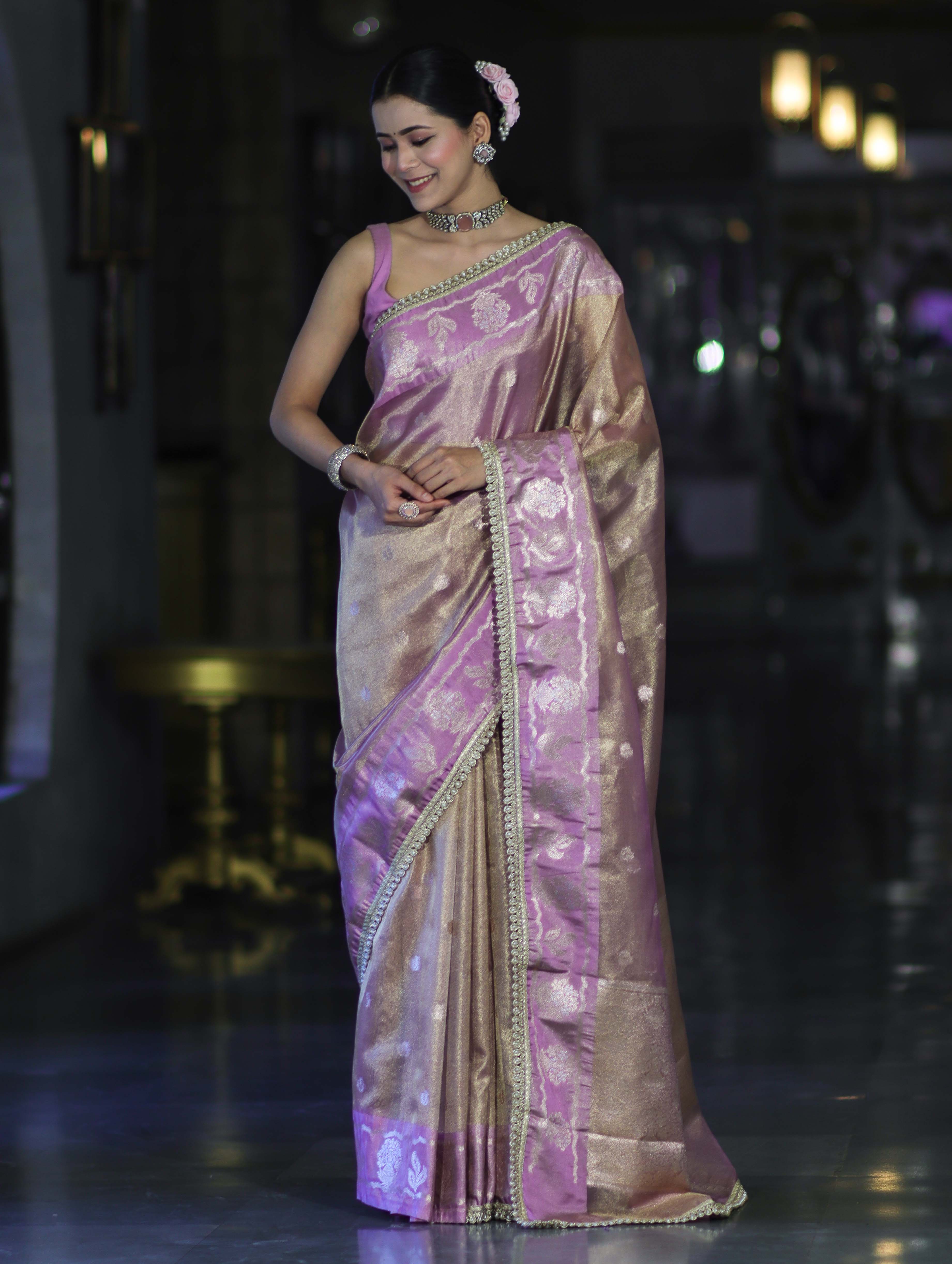 Banarasee Handloom Tissue Saree With Buti Design Contrast Border & Lace-Lilac