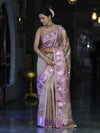 Banarasee Handloom Tissue Saree With Buti Design Contrast Border & Lace-Lilac