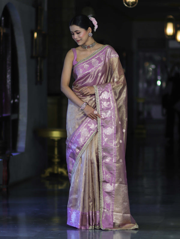 Banarasee Handloom Tissue Saree With Buti Design Contrast Border & Lace-Lilac