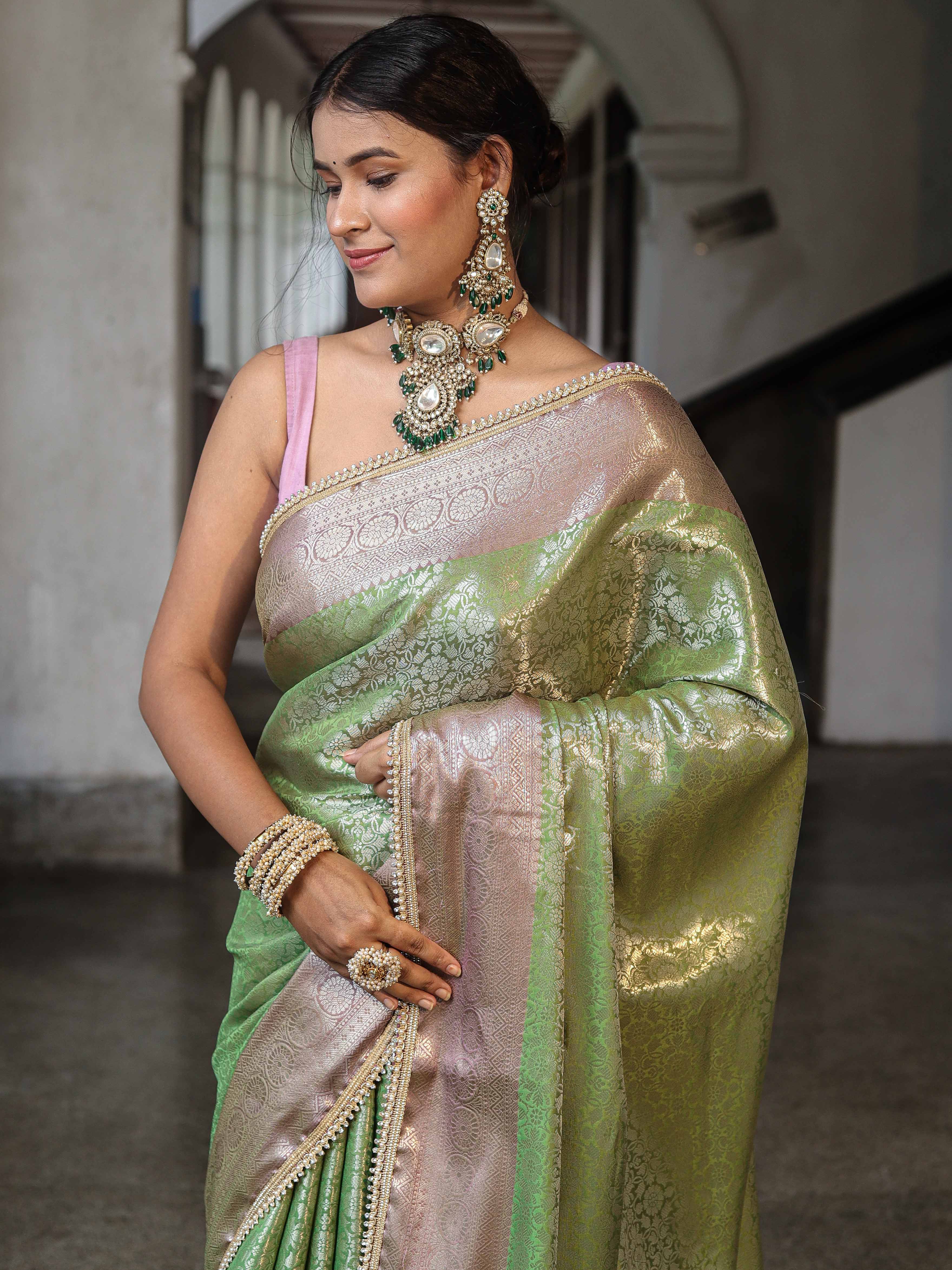 Banarasee Handwoven Tissue Saree With Zari Jaal Design & Lace-Green & Lavender