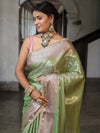 Banarasee Handwoven Tissue Saree With Zari Jaal Design & Lace-Green & Lavender