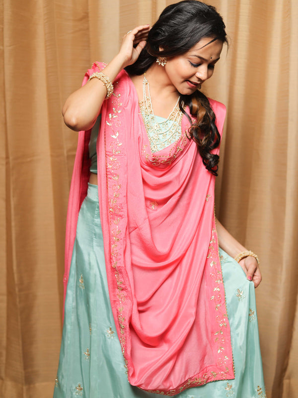 Banarasee Semi-Stitched Hand-work Lehenga Blouse & Dupatta-Pastel Blue & Pink