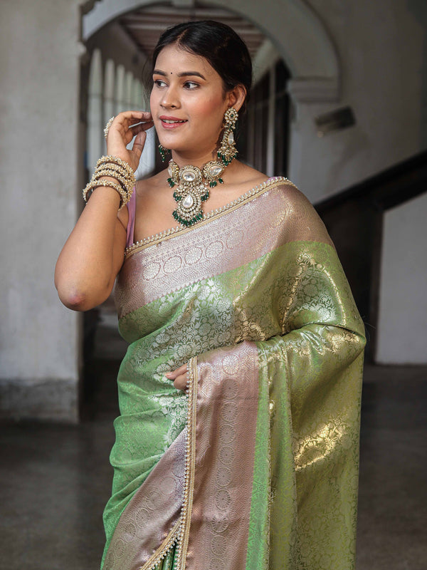 Banarasee Handwoven Tissue Saree With Zari Jaal Design & Lace-Green & Lavender