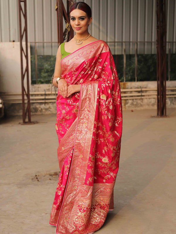 Banarasee Handwoven Semi Silk Saree With Zari Jaal Design-Pink