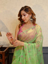 Banarasee Organza Mix Saree With Embroidered Buta & Applique Work Pallu-Pastel Green