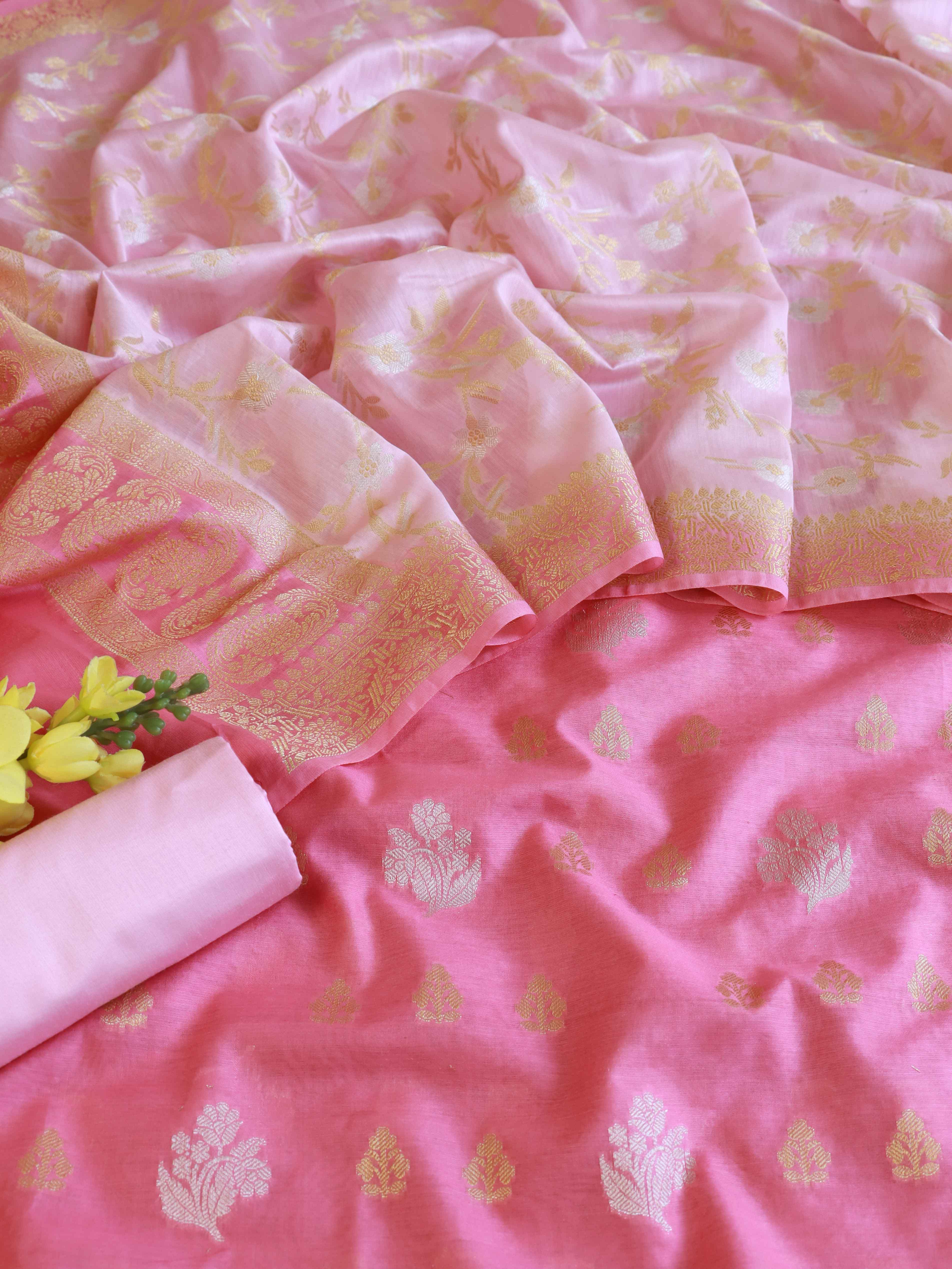 Banarasee Chanderi Cotton Shaded Salwar Kameez Fabric With Dupatta-Pink