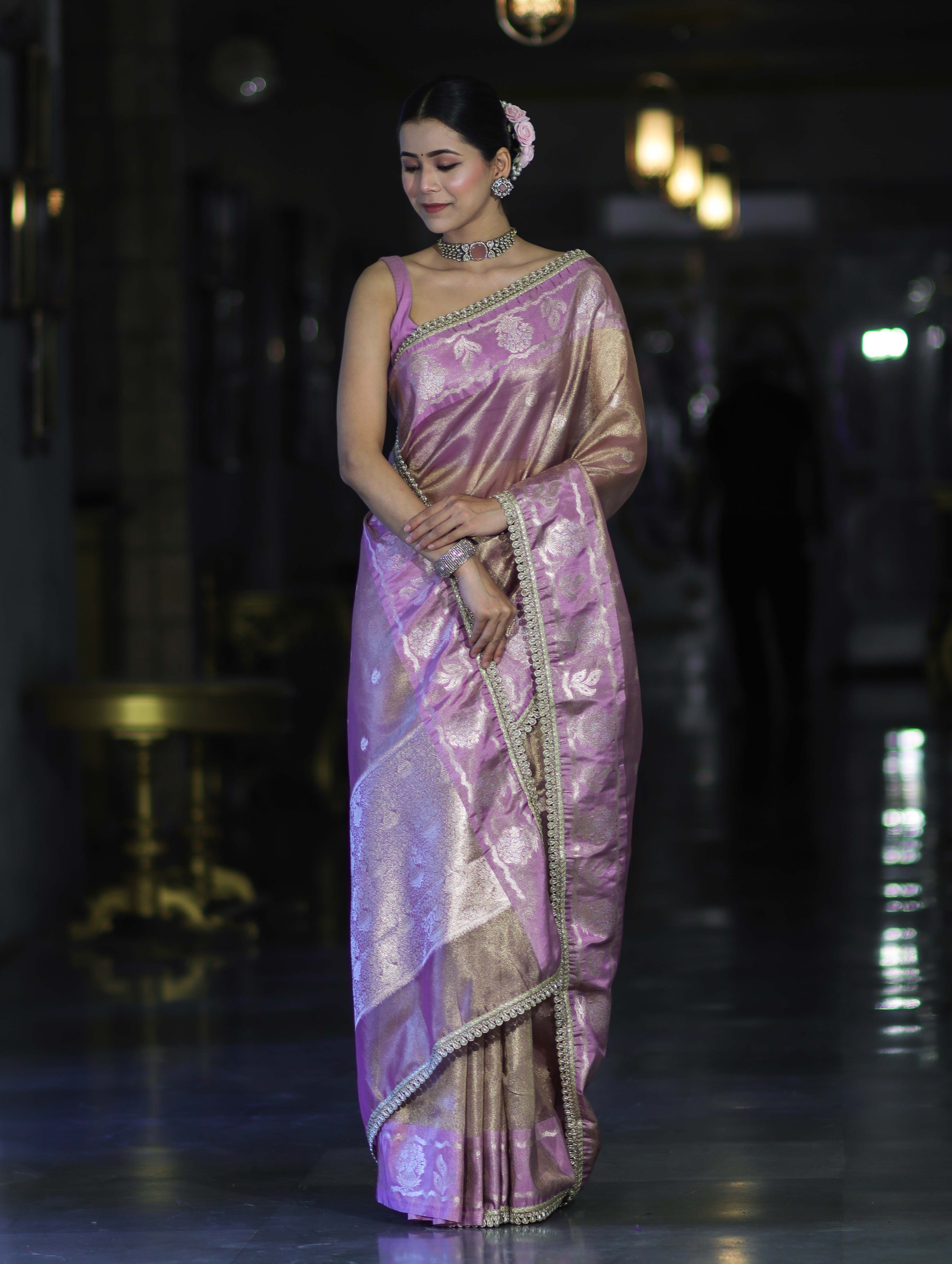 Banarasee Handloom Tissue Saree With Buti Design Contrast Border & Lace-Lilac