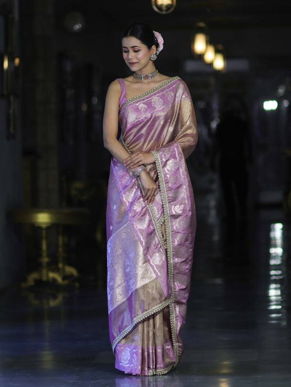 Banarasee Handloom Tissue Saree With Buti Design Contrast Border & Lace-Lilac