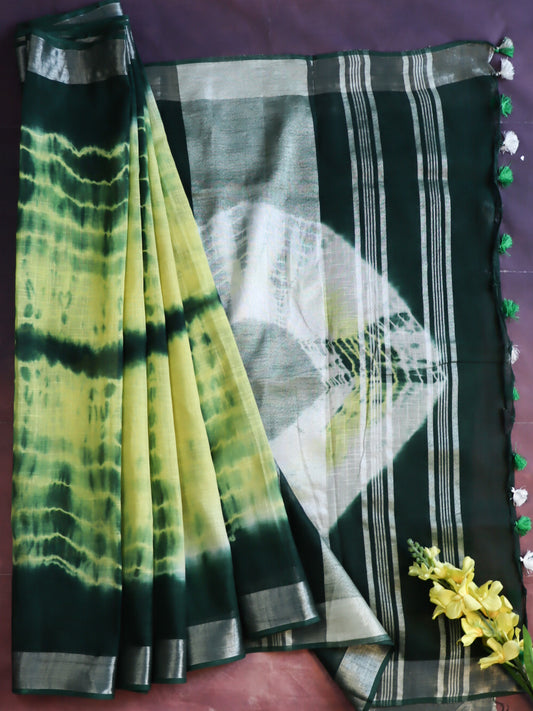 Printed Linen Saree : Yellow x Pink