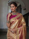 Banarasee Handwoven Tissue Saree With Contrast Border & Lace-Golden Yellow & Pink