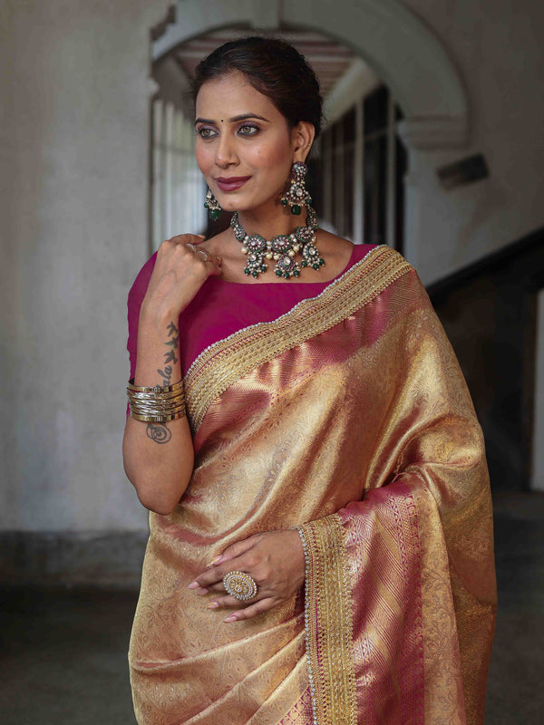 Banarasee Handwoven Tissue Saree With Contrast Border & Lace-Golden Yellow & Pink