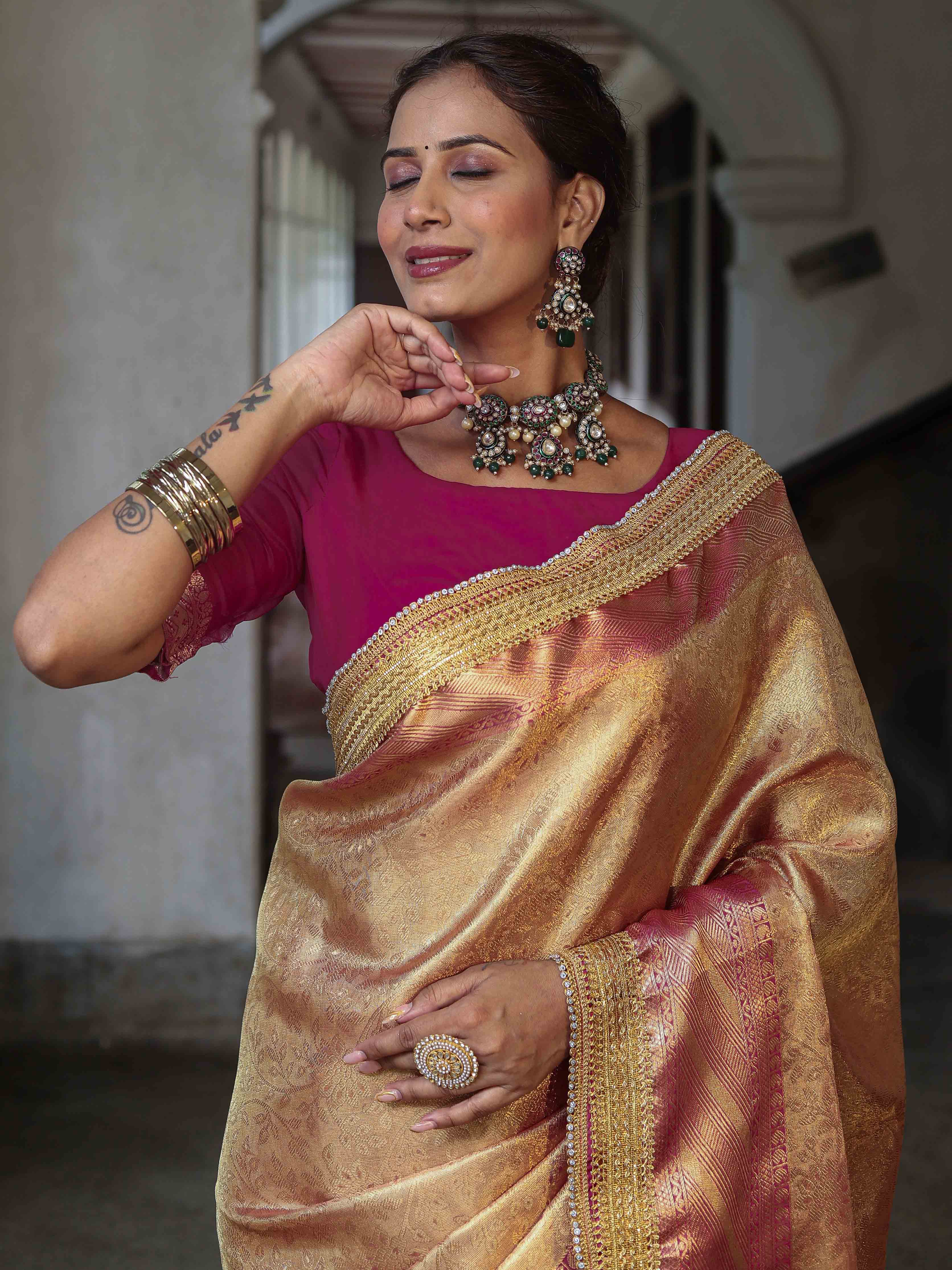 Banarasee Handwoven Tissue Saree With Contrast Border & Lace-Golden Yellow & Pink