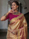 Banarasee Handwoven Tissue Saree With Contrast Border & Lace-Golden Yellow & Pink