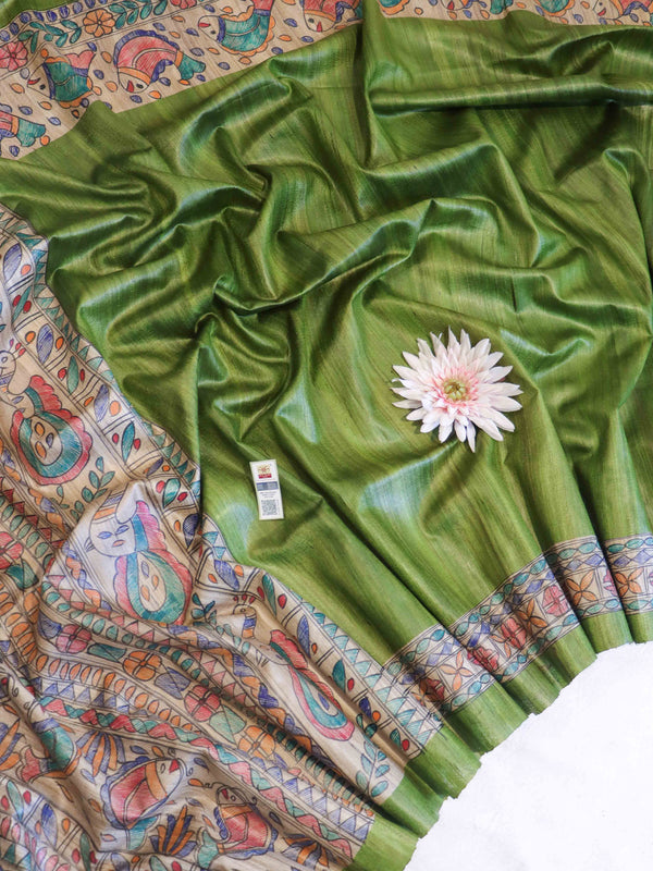 Bhagalpur Handloom Pure Tussar Silk Saree With Hand Block Painted Madhubani Design-Green