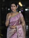 Banarasee Handloom Tissue Saree With Buti Design Contrast Border & Lace-Lilac