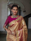 Banarasee Handwoven Tissue Saree With Contrast Border & Lace-Golden Yellow & Pink