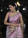 Banarasee Handloom Tissue Saree With Buti Design Contrast Border & Lace-Lilac