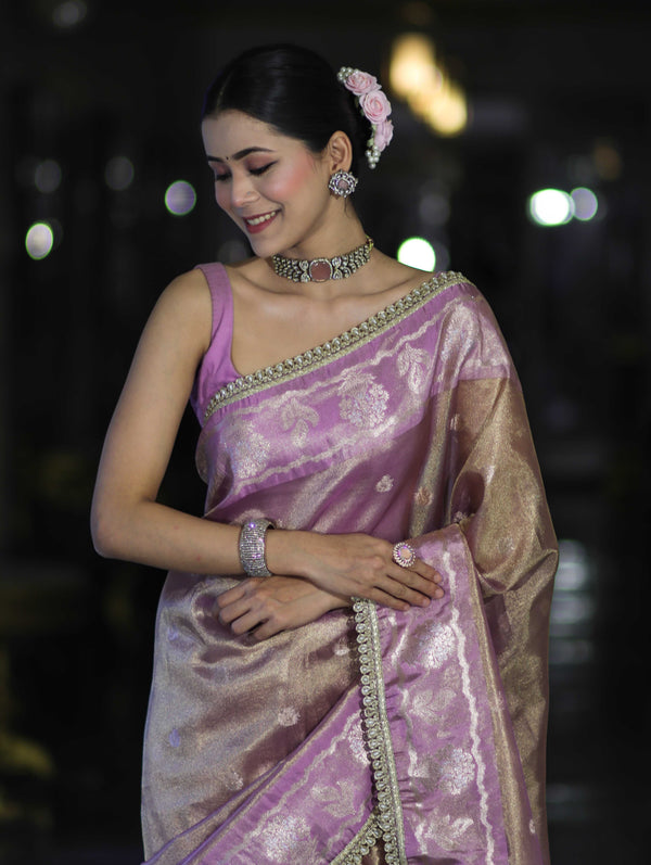 Banarasee Handloom Tissue Saree With Buti Design Contrast Border & Lace-Lilac