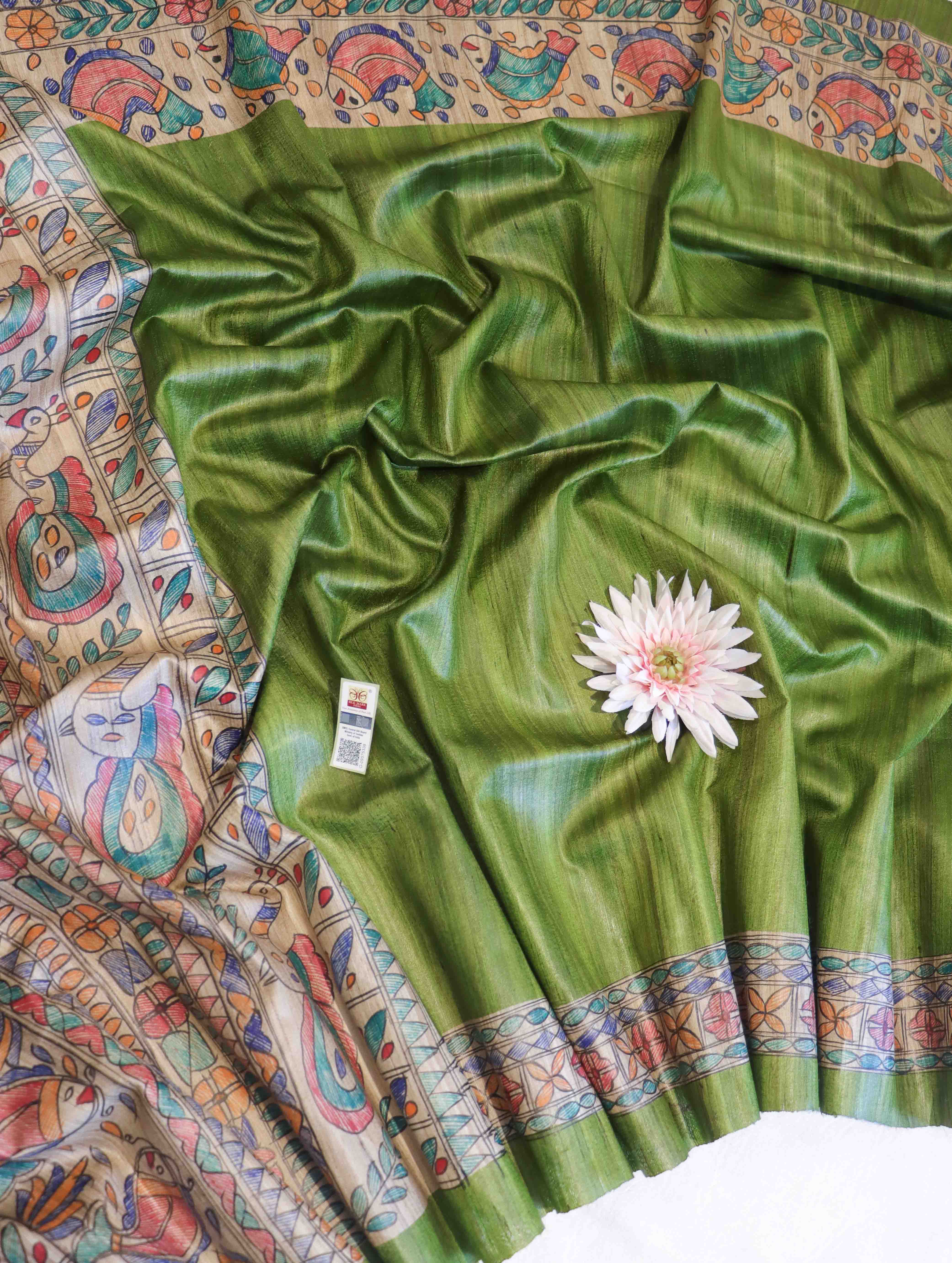 Bhagalpur Handloom Pure Tussar Silk Saree With Hand Block Painted Madhubani Design-Green