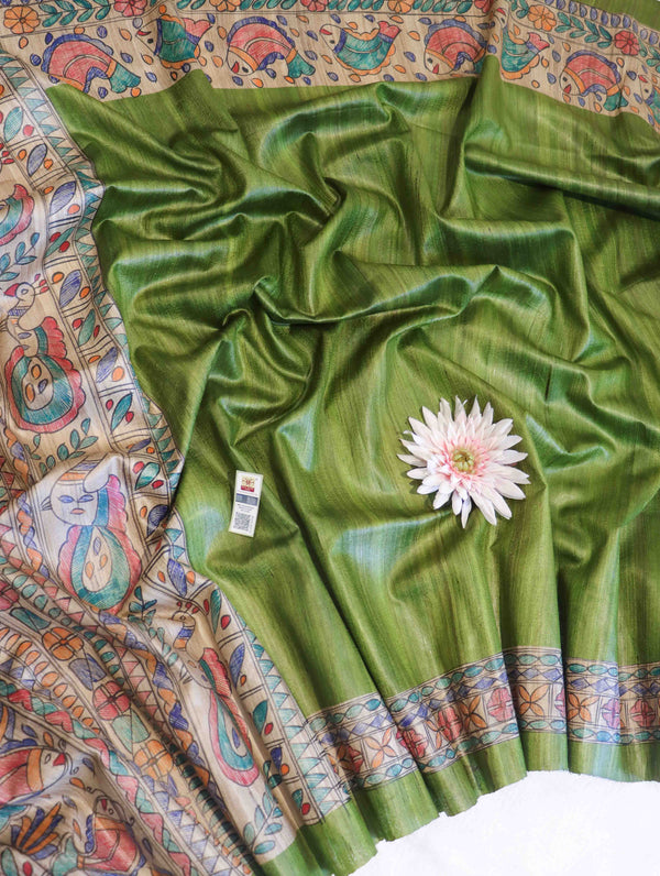 Bhagalpur Handloom Pure Tussar Silk Saree With Hand Block Painted Madhubani Design-Green