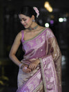 Banarasee Handloom Tissue Saree With Buti Design Contrast Border & Lace-Lilac