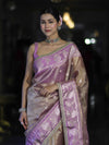 Banarasee Handloom Tissue Saree With Buti Design Contrast Border & Lace-Lilac