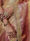 Banarasee Handwoven Tissue Saree With Contrast Border & Lace-Golden Yellow & Pink