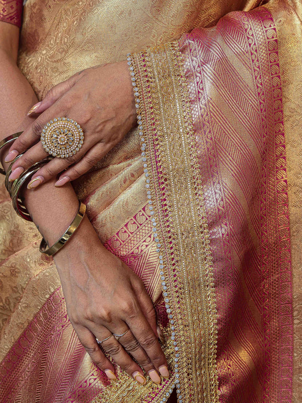 Banarasee Handwoven Tissue Saree With Contrast Border & Lace-Golden Yellow & Pink