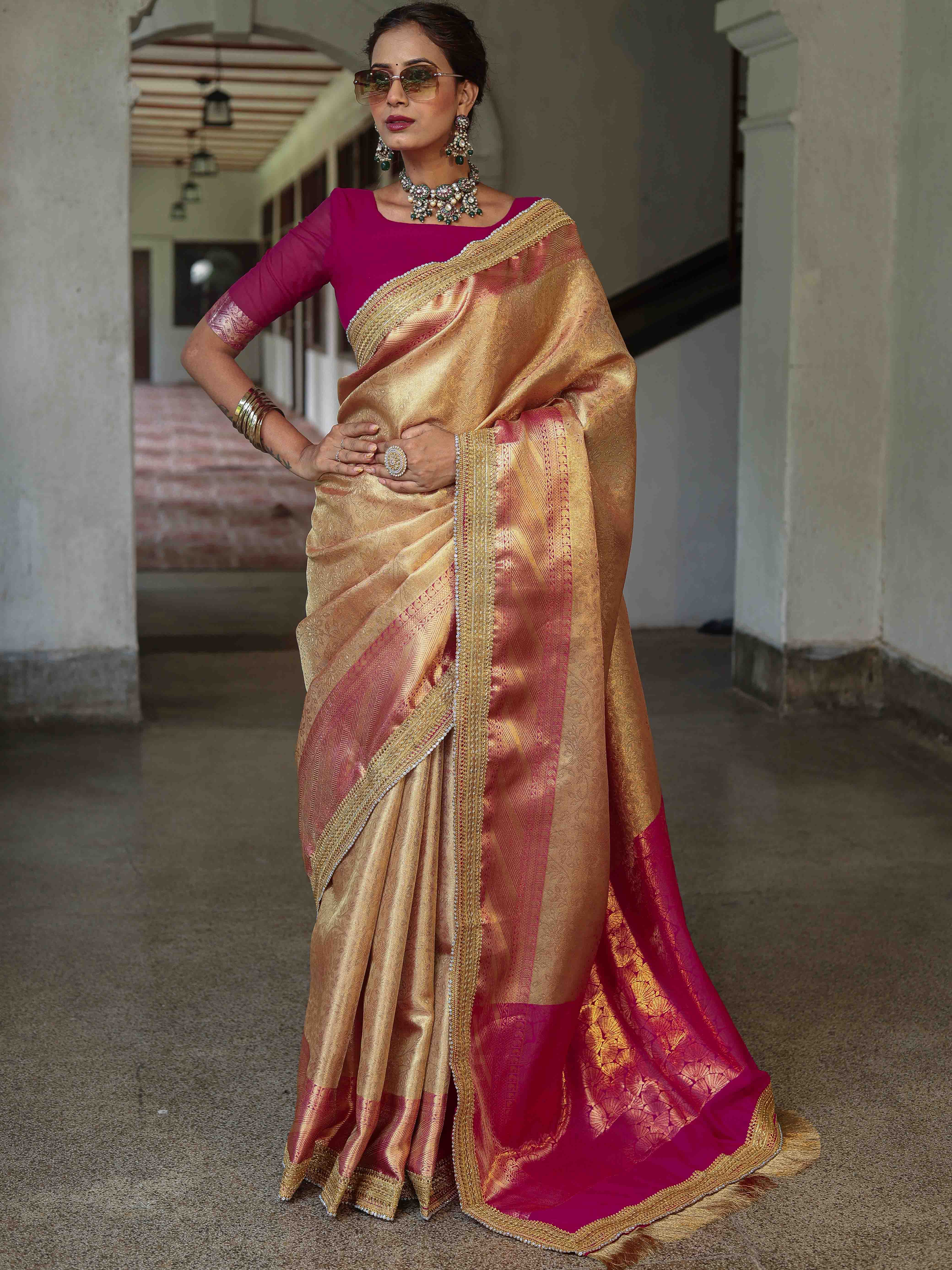 Banarasee Handwoven Tissue Saree With Contrast Border & Lace-Golden Yellow & Pink