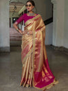Banarasee Handwoven Tissue Saree With Contrast Border & Lace-Golden Yellow & Pink