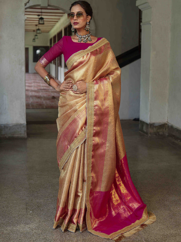 Banarasee Handwoven Tissue Saree With Contrast Border & Lace-Golden Yellow & Pink
