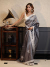 Banarasee Handwoven Crushed Tissue Saree With Buti Design & Lace-Grey