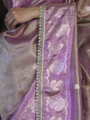 Banarasee Handloom Tissue Saree With Buti Design Contrast Border & Lace-Lilac