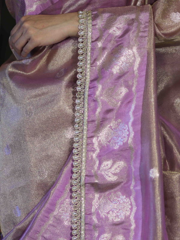 Banarasee Handloom Tissue Saree With Buti Design Contrast Border & Lace-Lilac