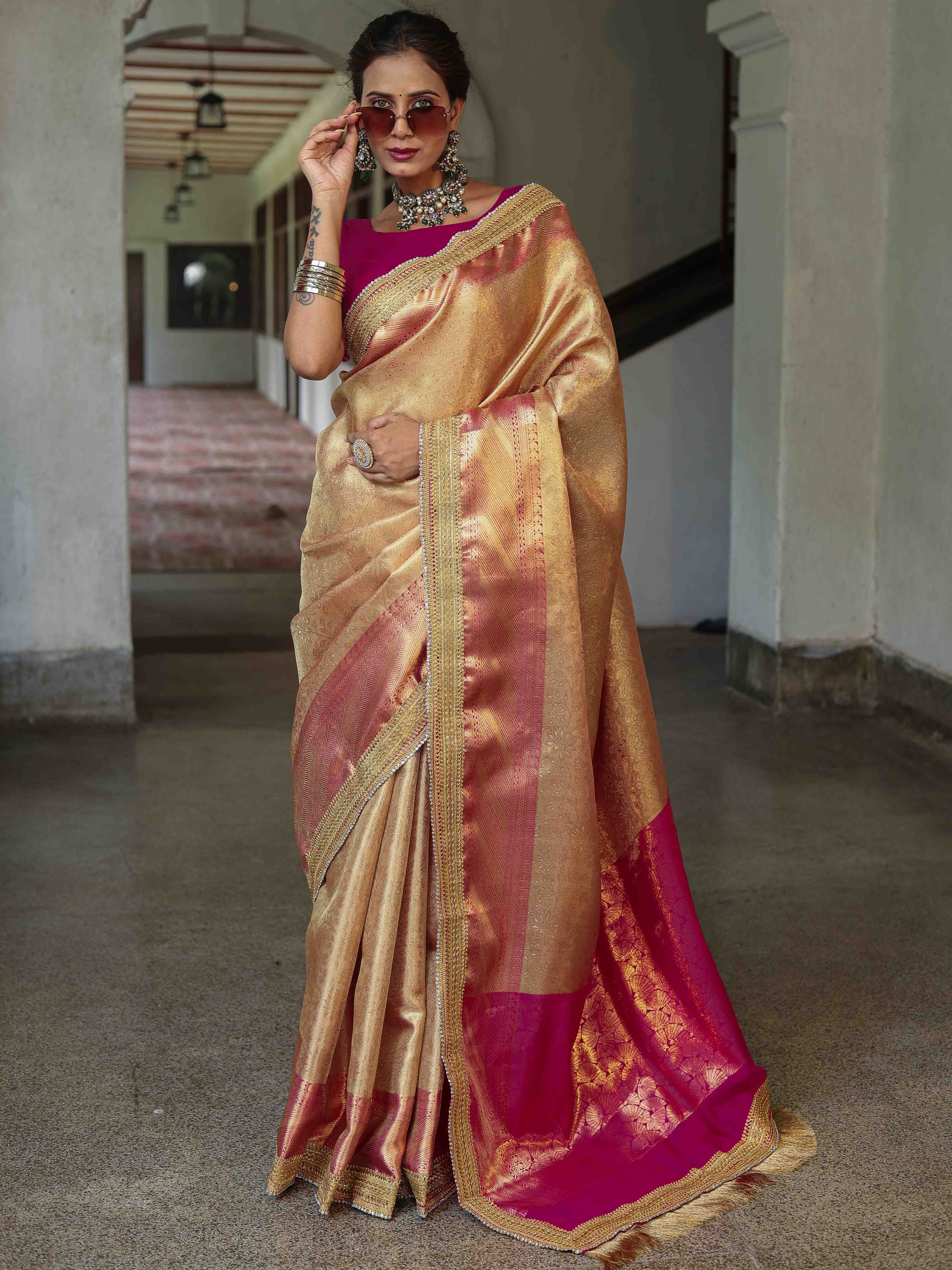 Banarasee Handwoven Tissue Saree With Contrast Border & Lace-Golden Yellow & Pink