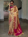 Banarasee Handwoven Tissue Saree With Contrast Border & Lace-Golden Yellow & Pink