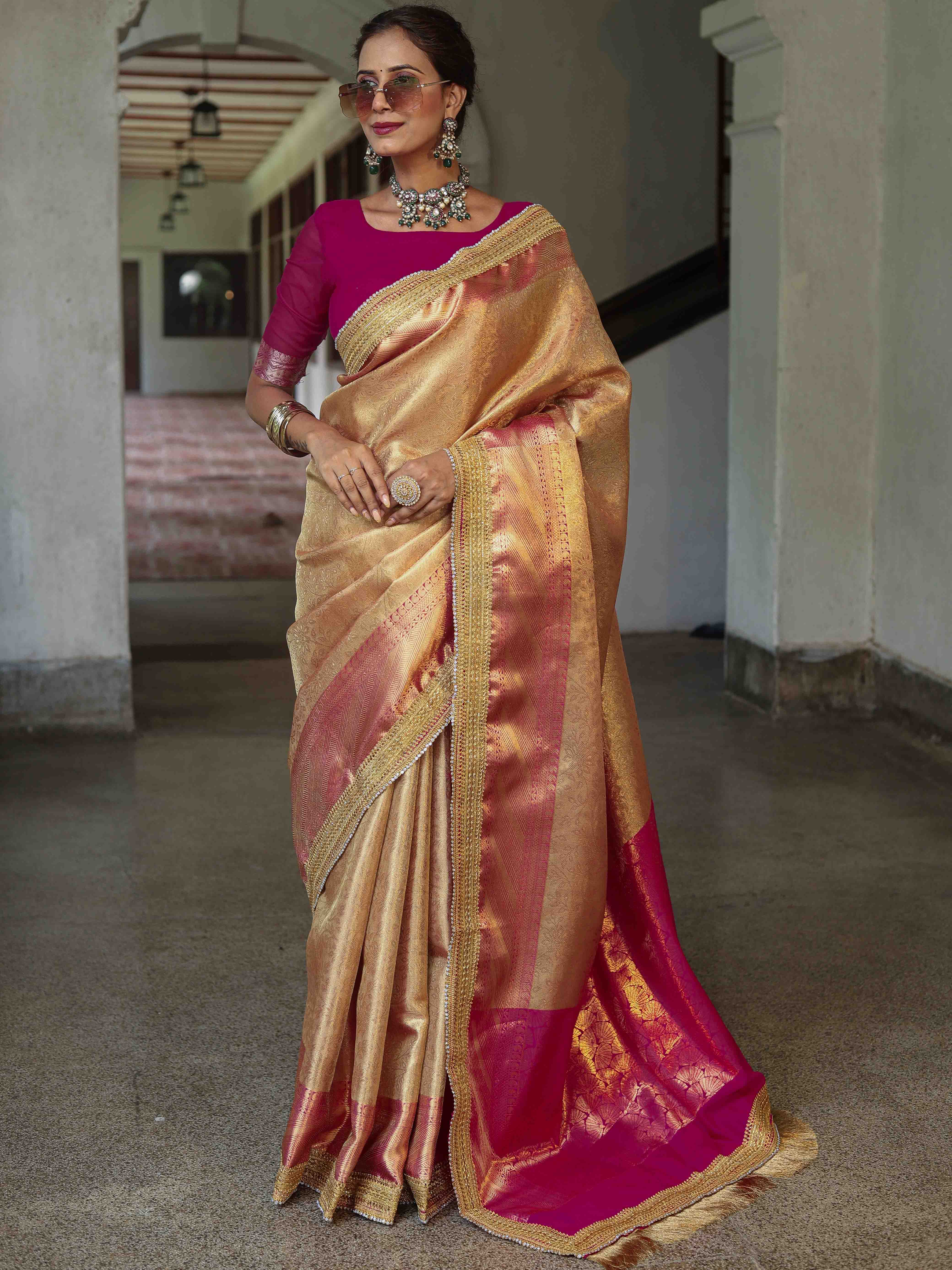 Banarasee Handwoven Tissue Saree With Contrast Border & Lace-Golden Yellow & Pink
