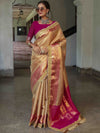 Banarasee Handwoven Tissue Saree With Contrast Border & Lace-Golden Yellow & Pink
