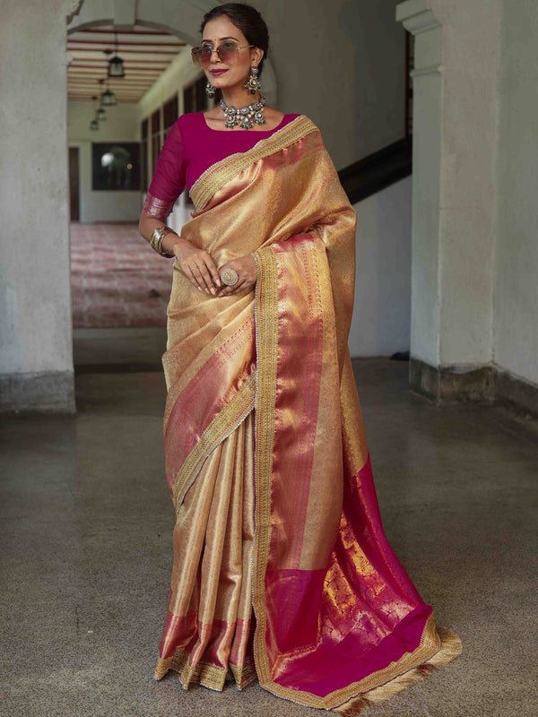 Banarasee Handwoven Tissue Saree With Contrast Border & Lace-Golden Yellow & Pink