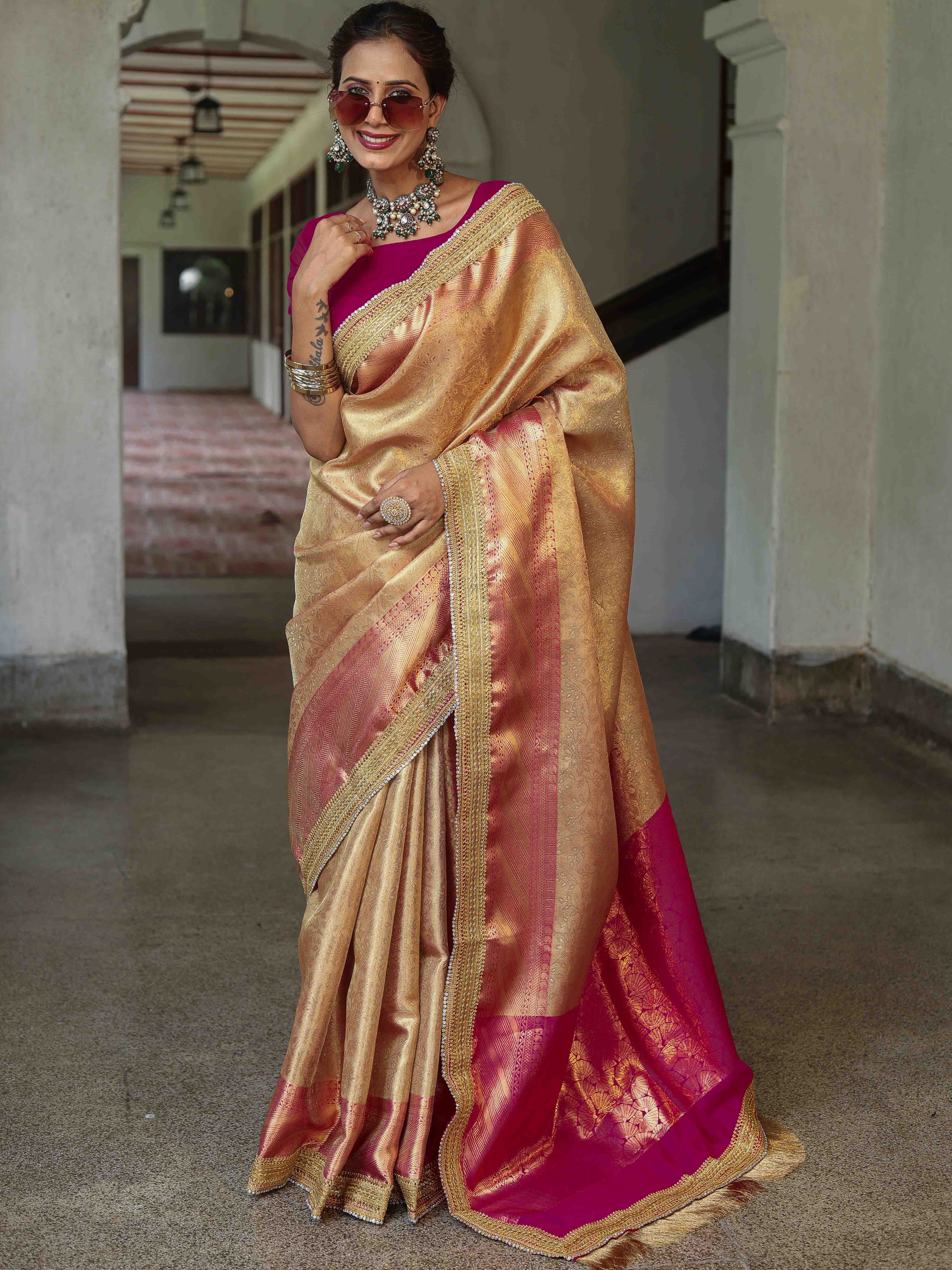 Banarasee Handwoven Tissue Saree With Contrast Border & Lace-Golden Yellow & Pink