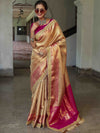 Banarasee Handwoven Tissue Saree With Contrast Border & Lace-Golden Yellow & Pink