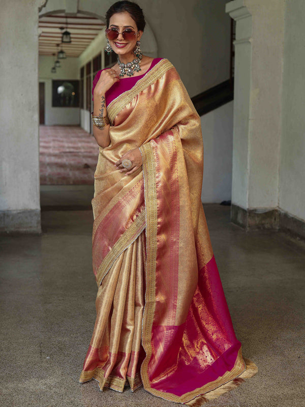 Banarasee Handwoven Tissue Saree With Contrast Border & Lace-Golden Yellow & Pink
