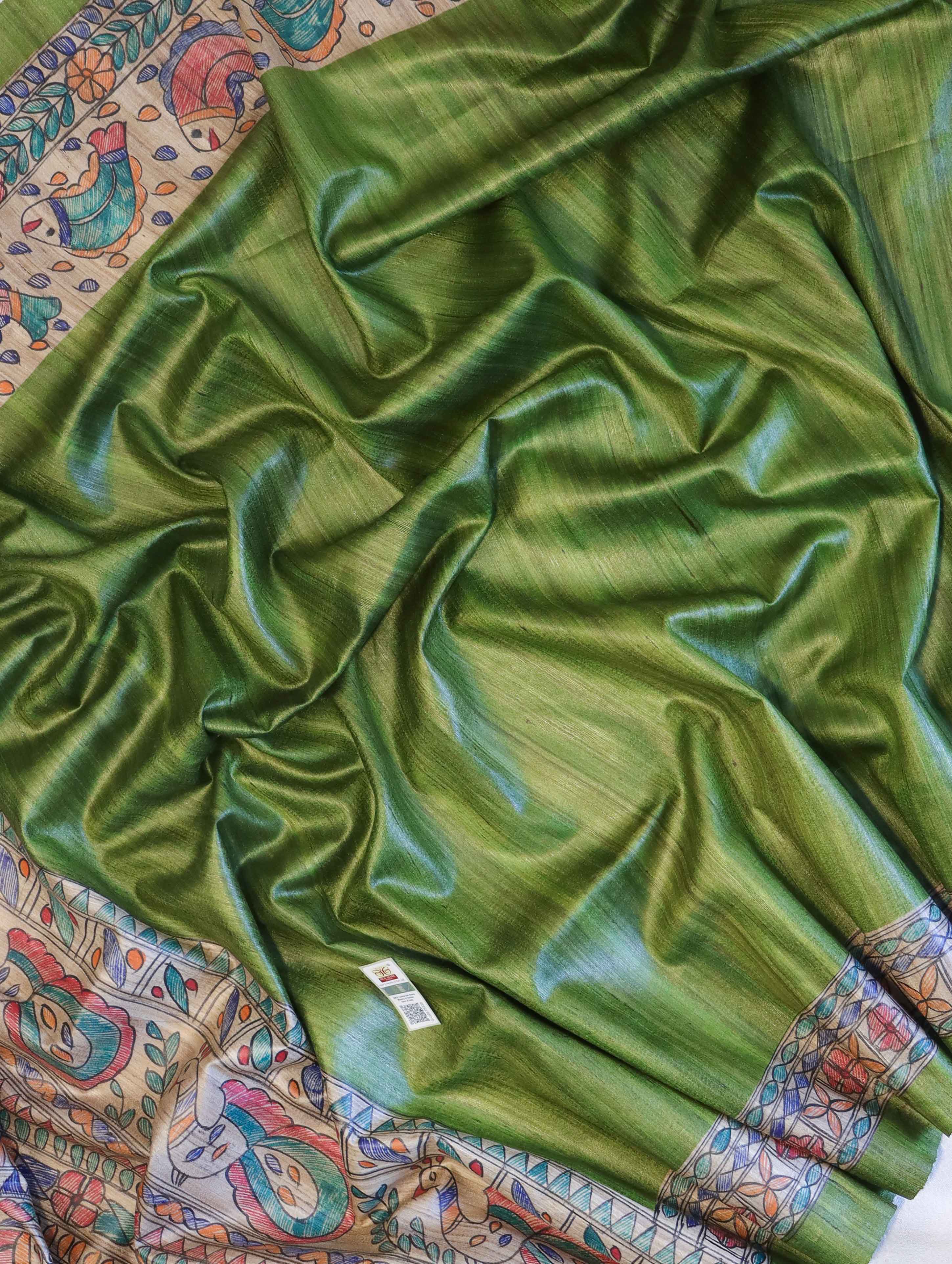 Bhagalpur Handloom Pure Tussar Silk Saree With Hand Block Painted Madhubani Design-Green